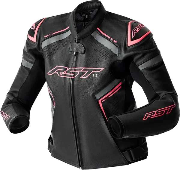 RST - 103626PNK-12 - S1 D3O LEATHER LADIES JACKET BLK/FLO PINK MD